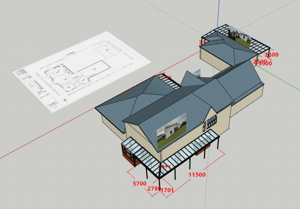 A 3D architectural rendering of a building with multiple attached outdoor pergolas or covered patio structures.